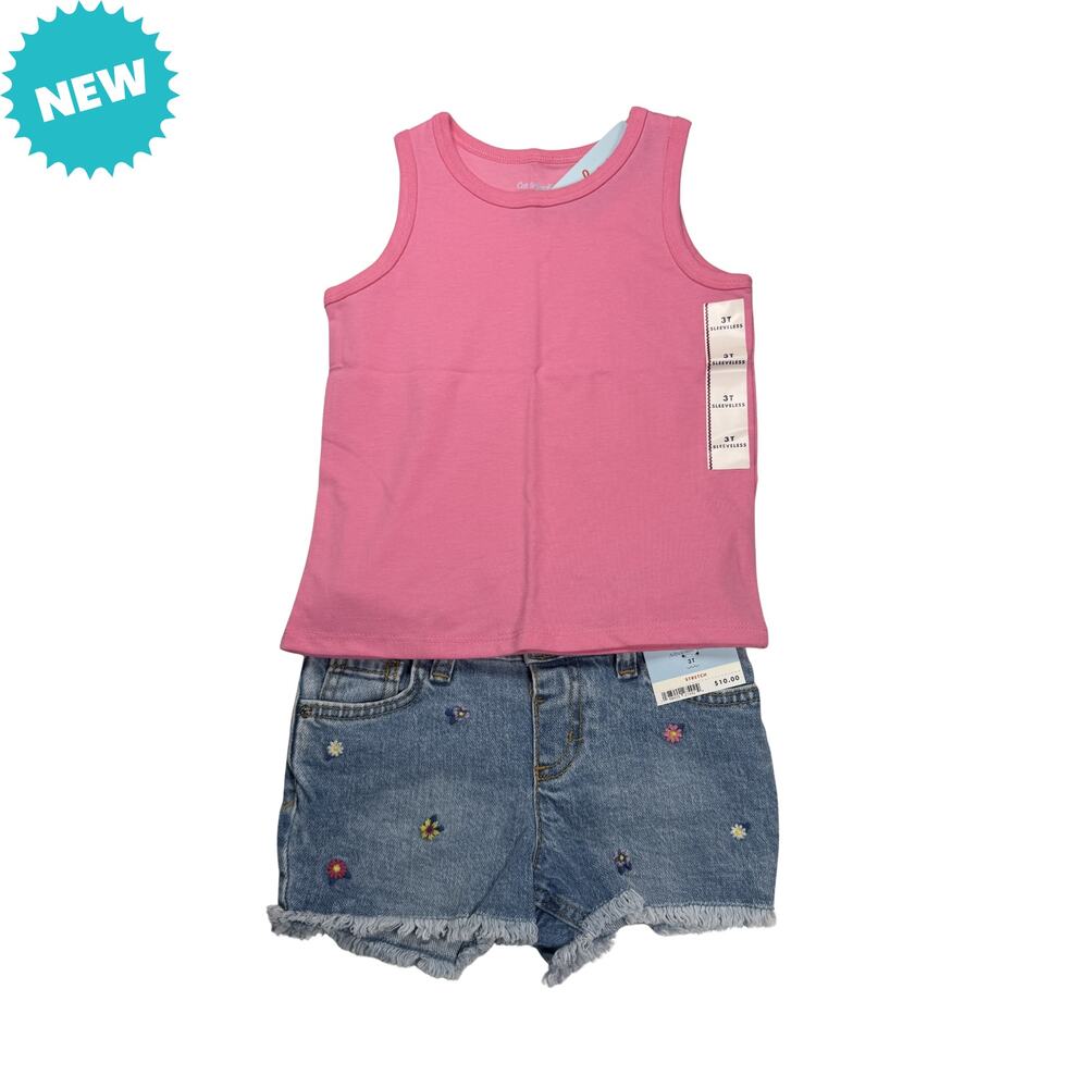 Cat & Jack Outfit Girls Size 3T Two Piece Cutoff Shorts Pink Tank Summer NWT